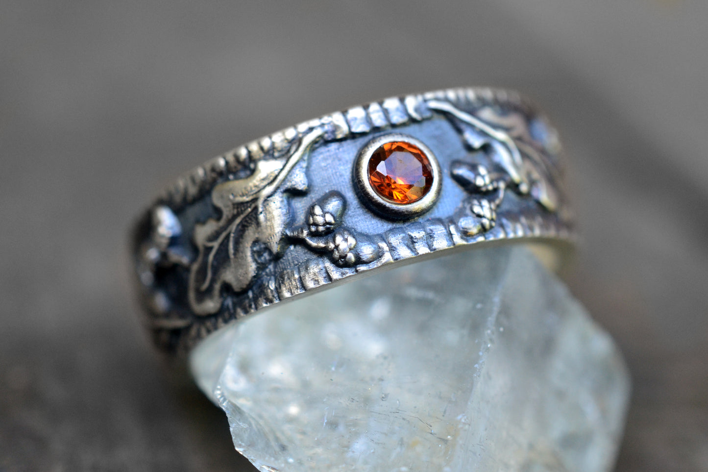 Oxidised Silver Acorn Wedding Band With Garnet