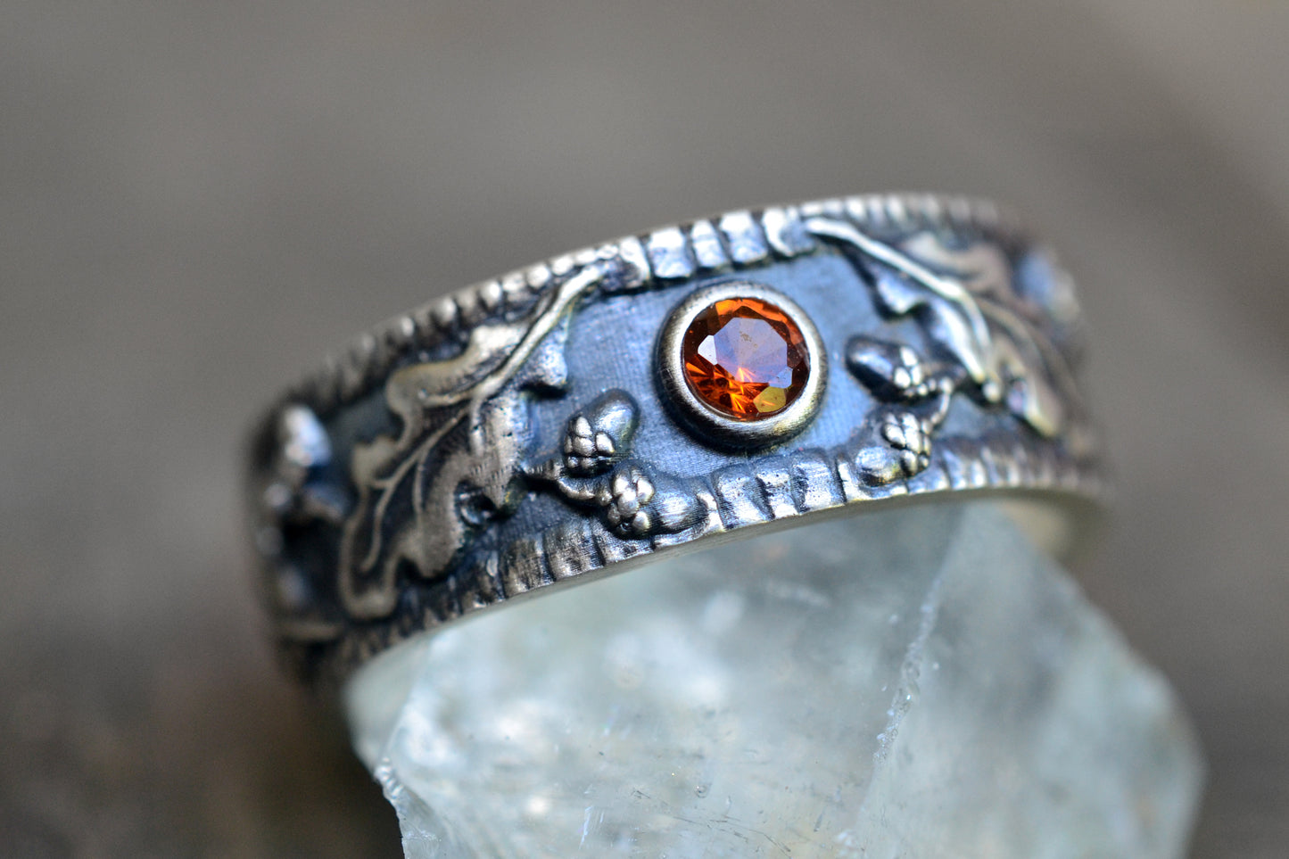 Oxidised Silver Oak Leaf Wedding Ring With Garnet