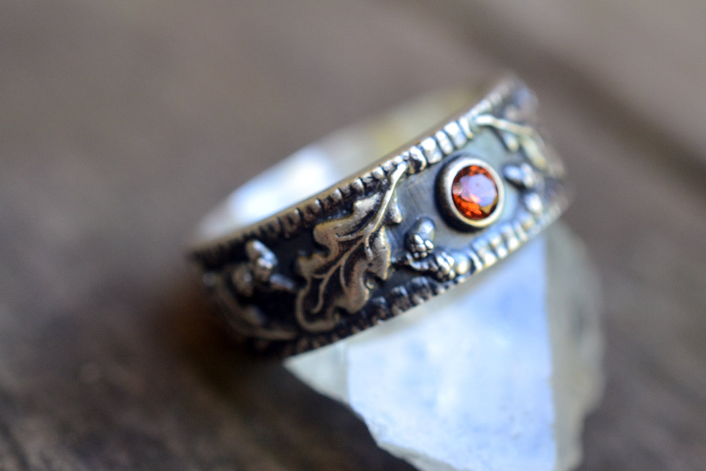925 Silver Acorn Wedding Ring With Hessonite Garnet