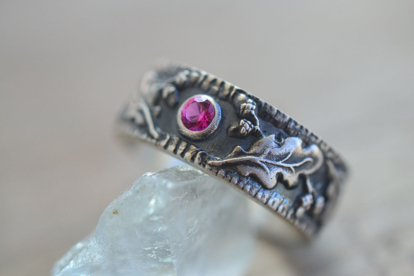 Oxidised Silver Oak Wedding Band with Ruby