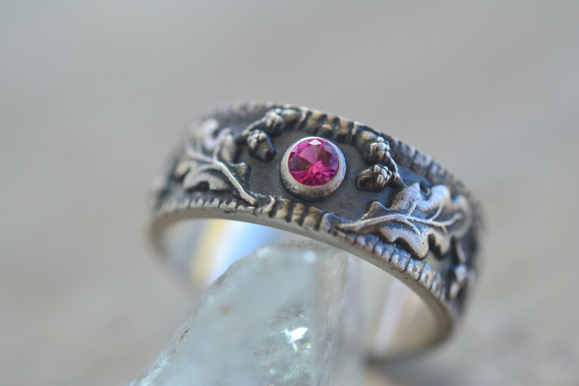 Inset Ruby Wedding Ring With Oak Leaf Pattern