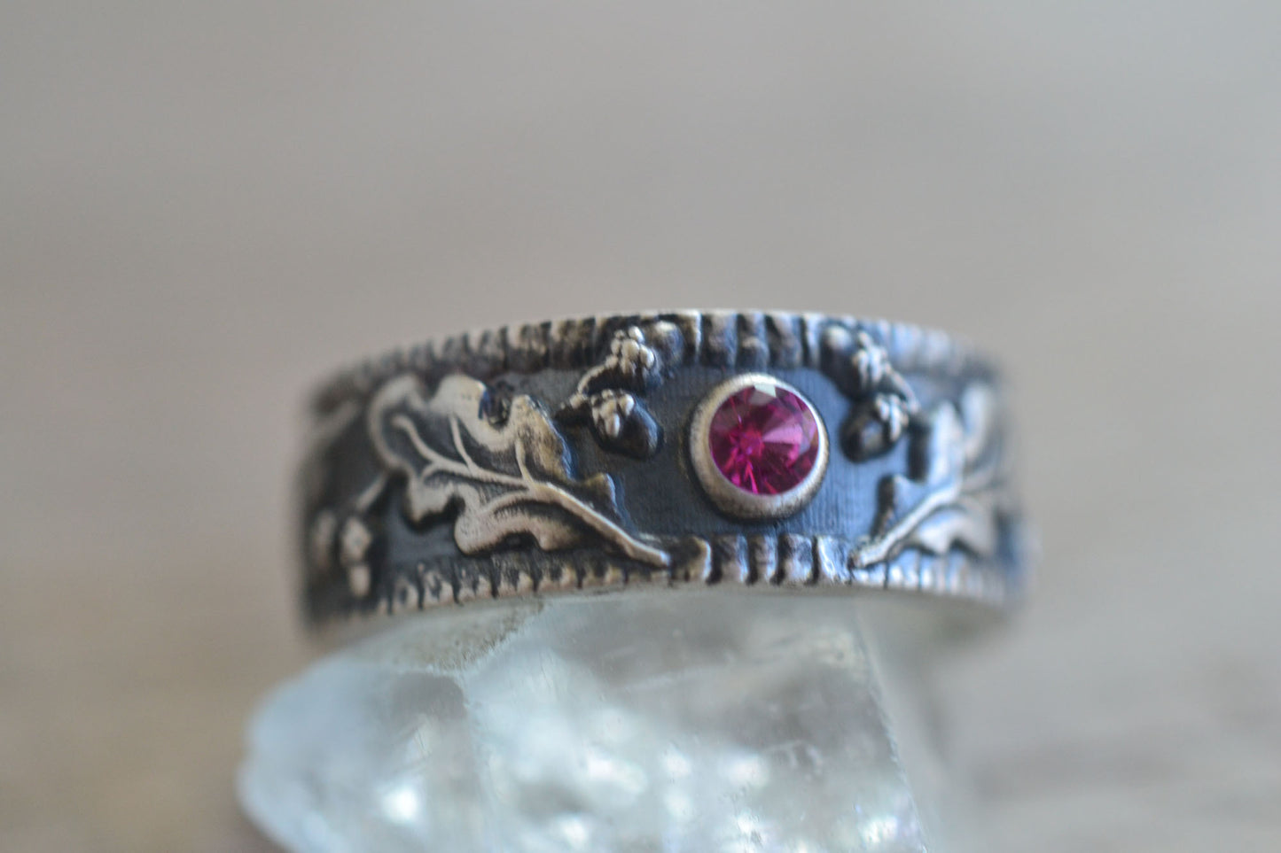 Mens Oxidised Silver Acorn Wedding Band with Ruby