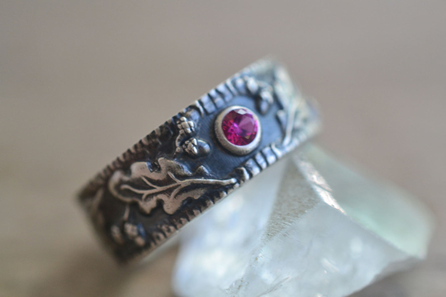 Oxidised Silver Oak Leaf Wedding Ring With Ruby