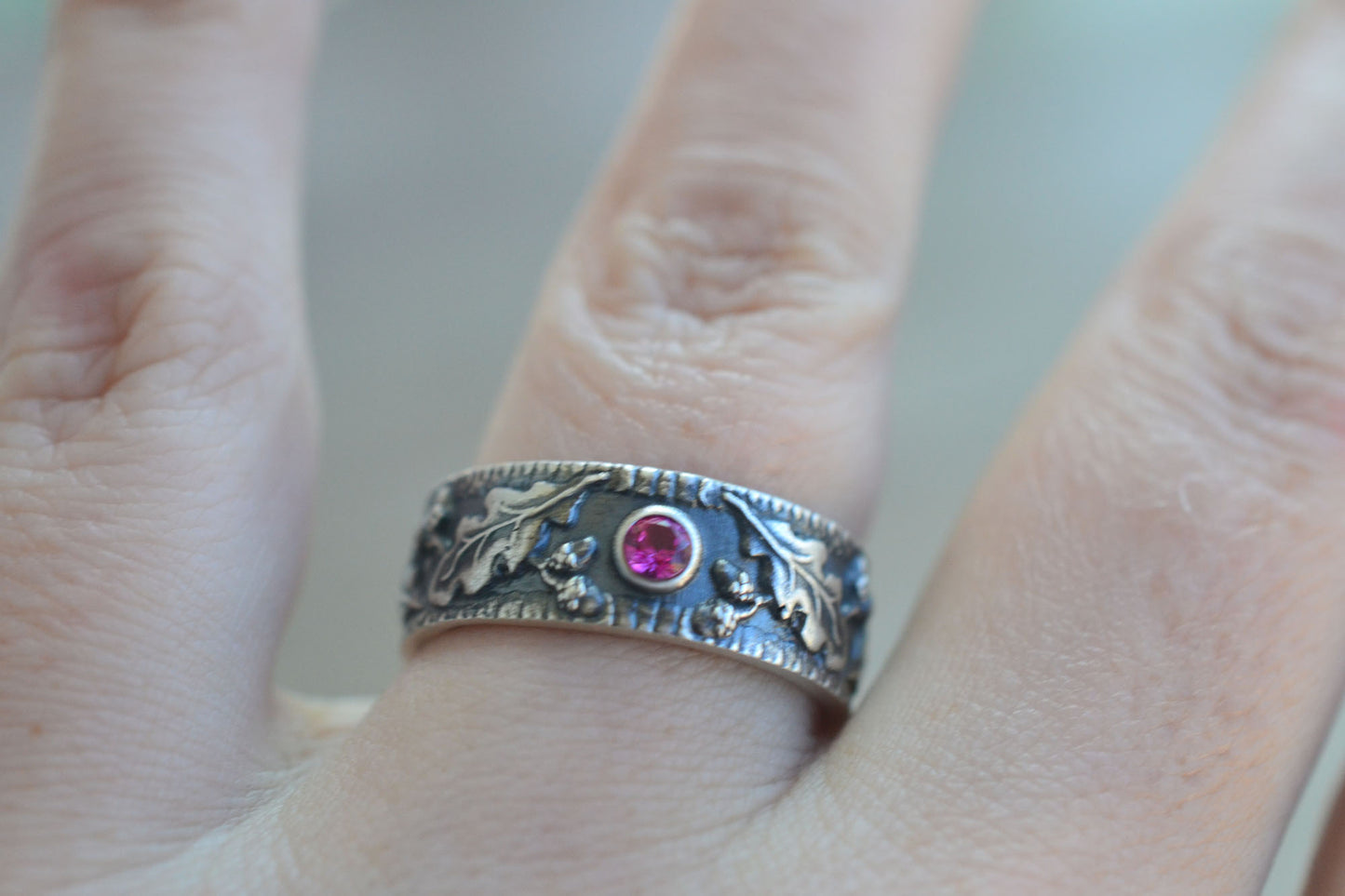 Wide Oak Leaf Wedding Band With Ruby