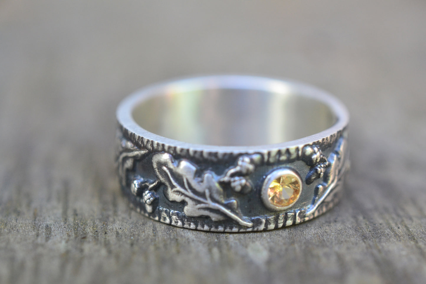 Personalised Oak Leaf & Acorn Wedding Band With 3mm Yellow Sapphire