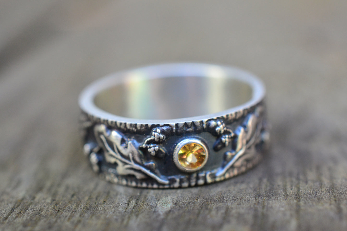 Custom Made Men's Druid Oak Leaf Wedding Band With Yellow Sapphire