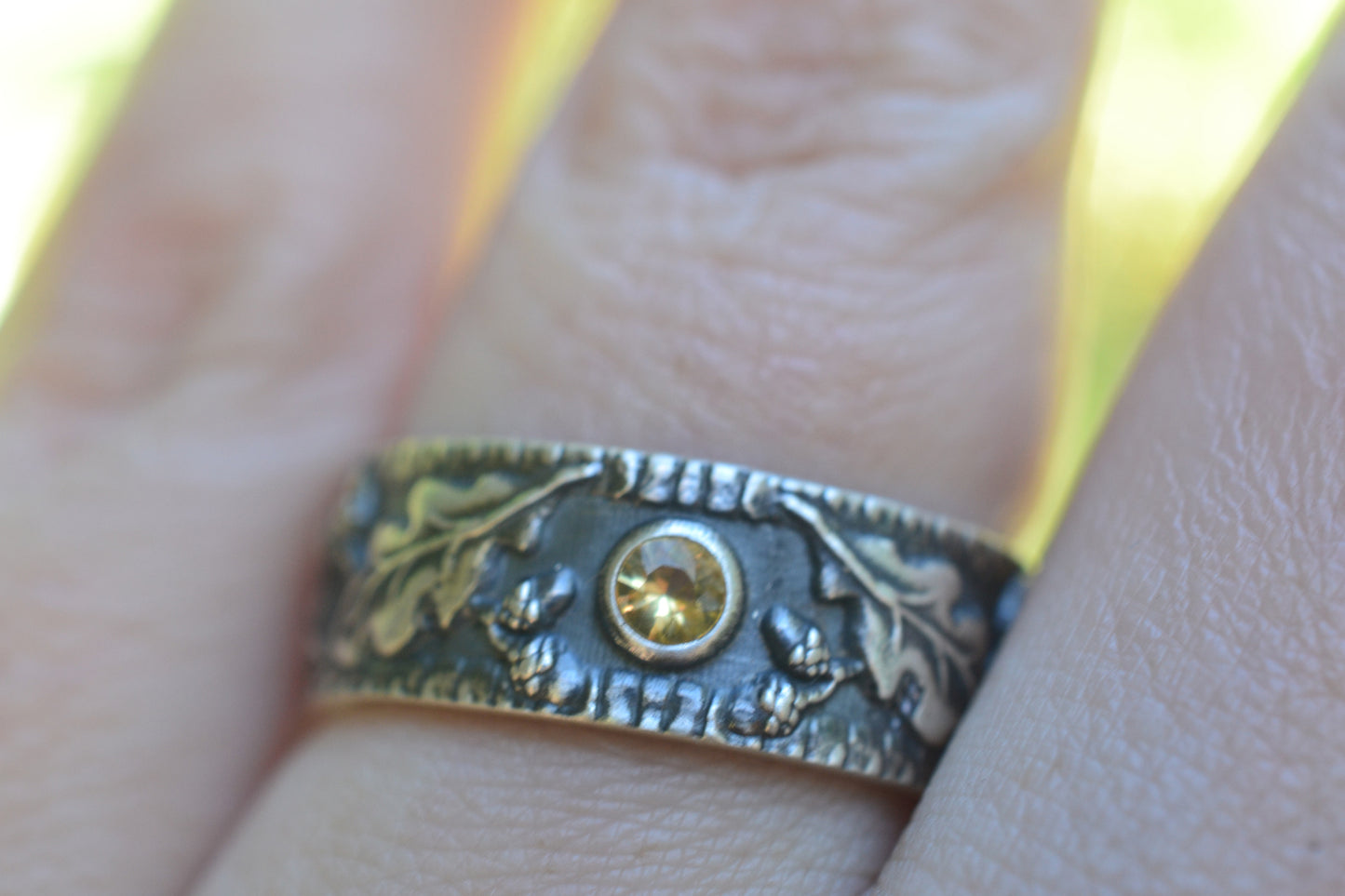 Oxidised 925 Silver Oak Leaf Ring With Yellow Stone