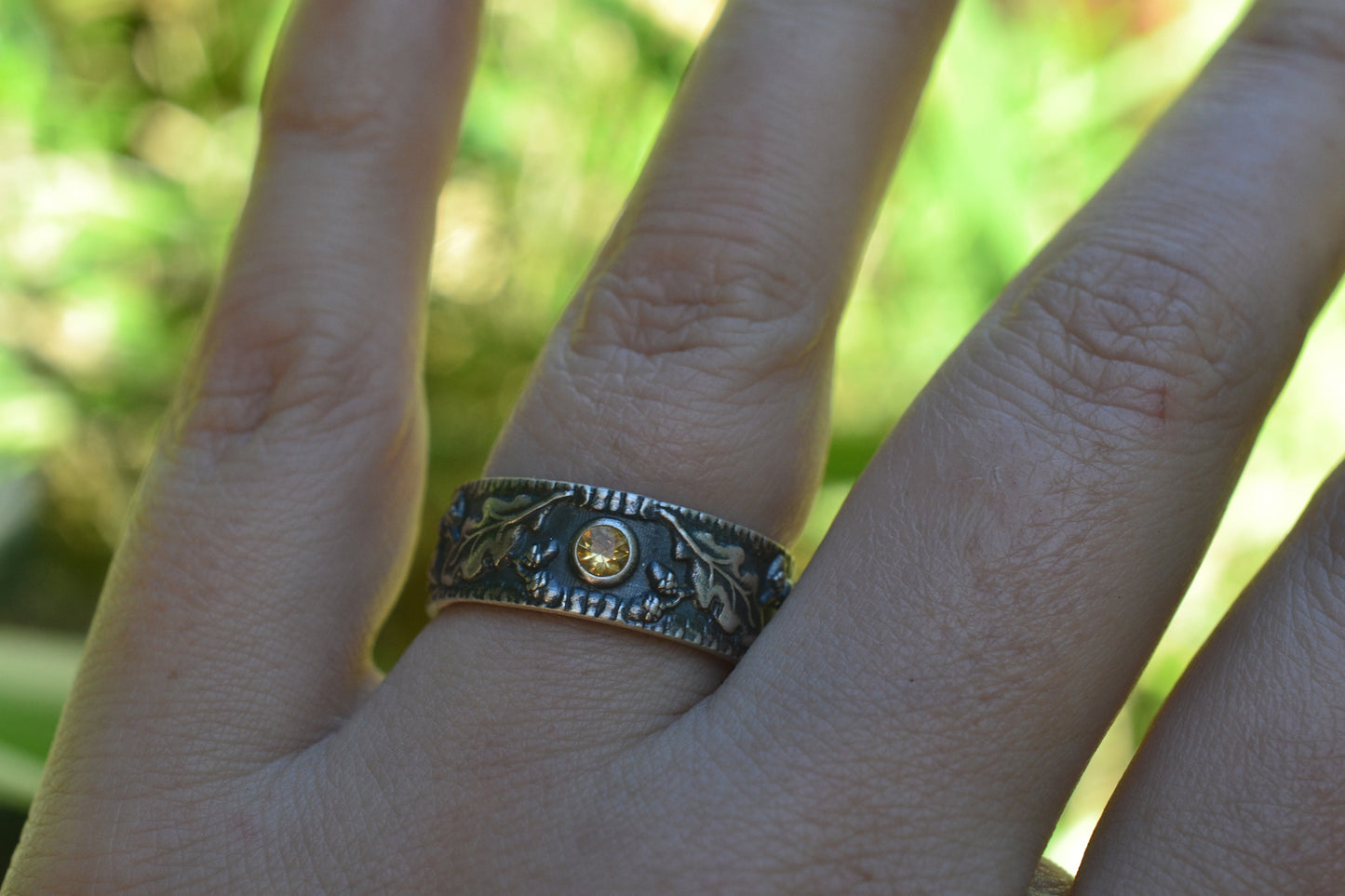 Oak Leaf Handfasting Ring With Yellow Crystal