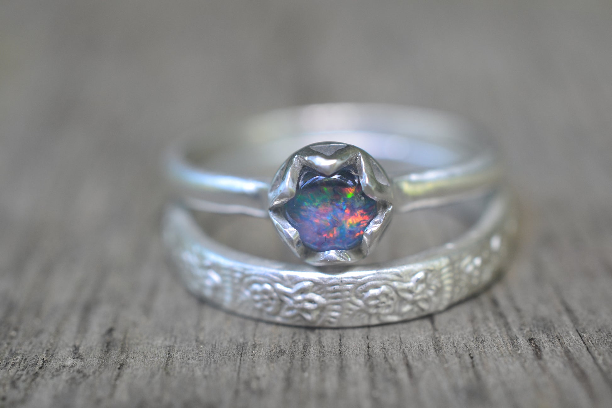 Opal Triplet Stack Ring Set With Flower Band