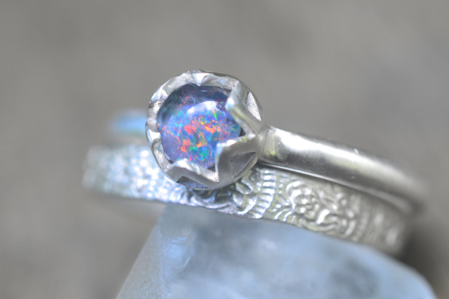 Floral Silver Stacking Set With Opal Triplet