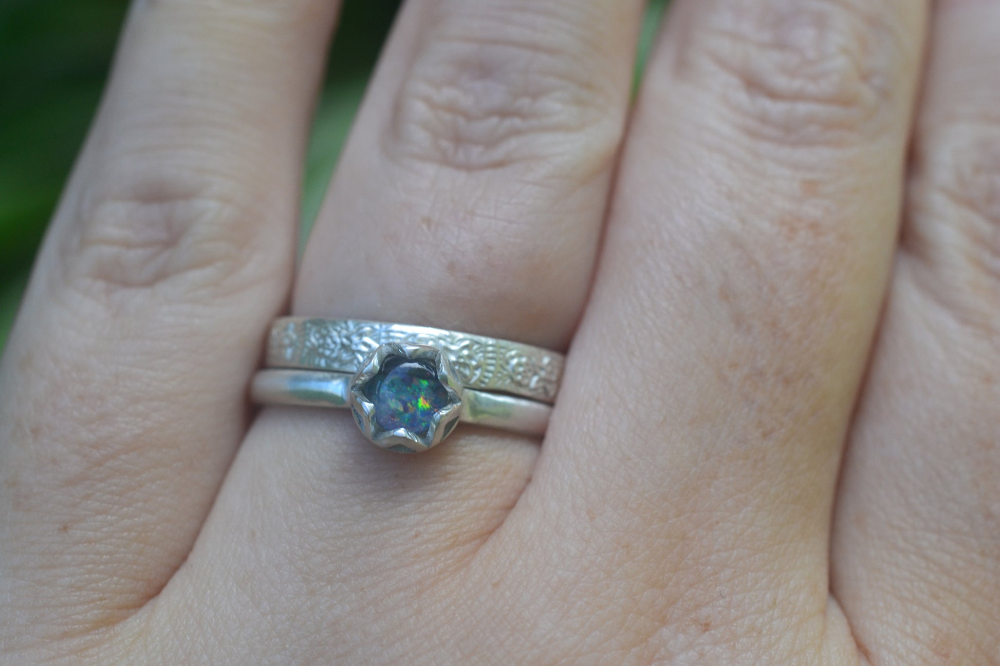 Stackable Opal Ring Set With Patterned Band