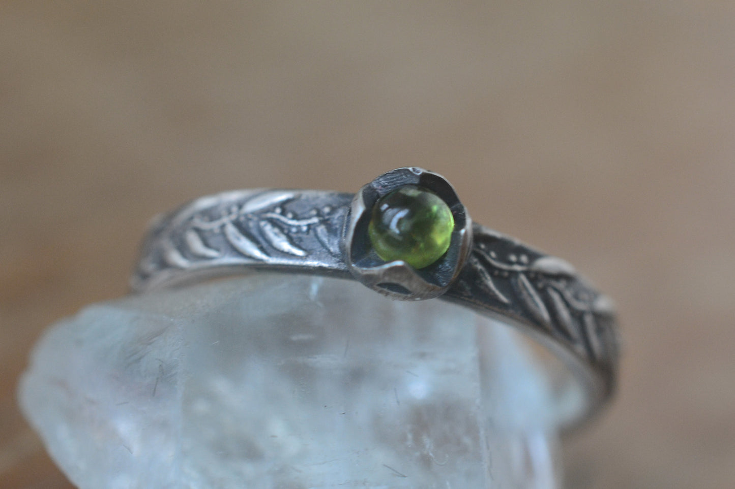 Oxidised Silver Green Crystal Gum Leaf Ring