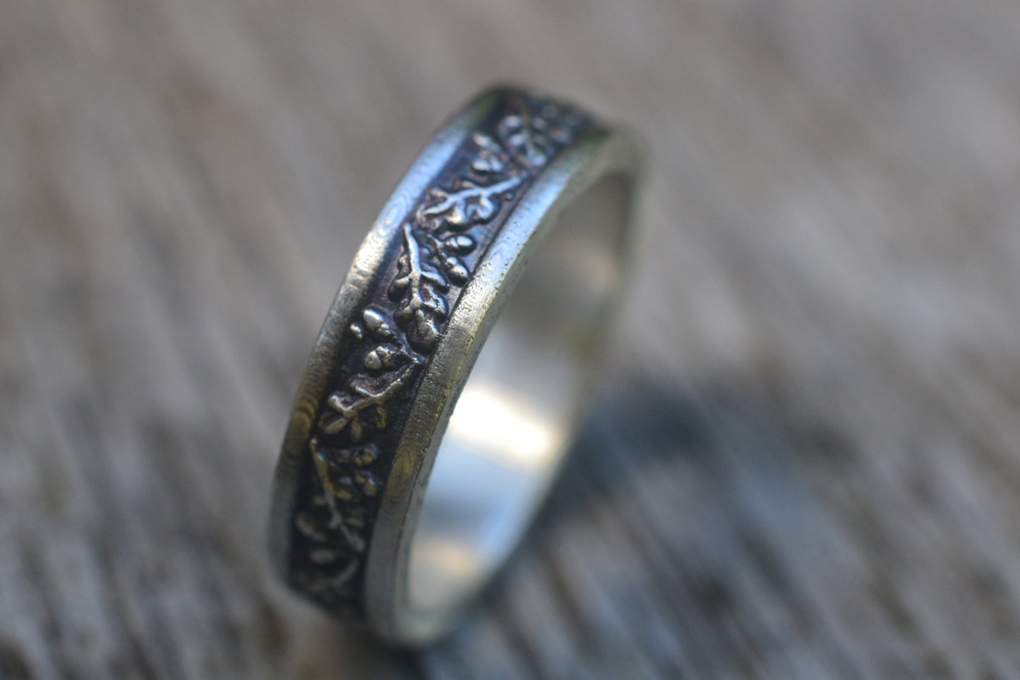 oxidised silver oak leaf wedding ring