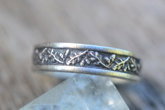 oxidised silver oak leaf and acorn wedding band