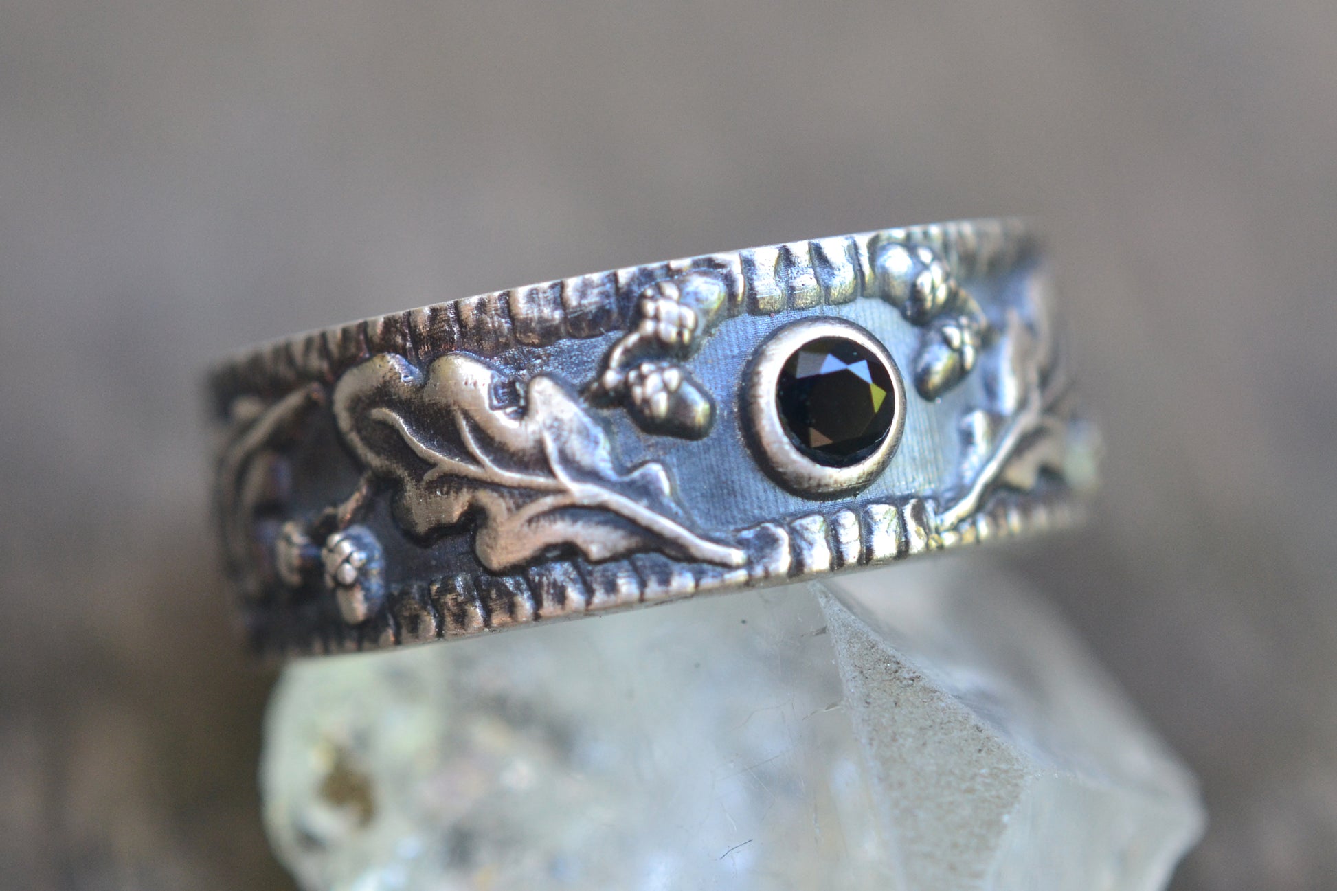 Oxidised Silver Oak Leaf Ring With Black Spinel