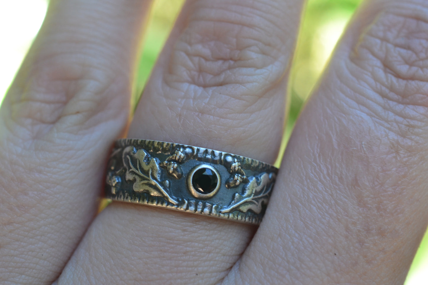Oak Leaf & Acorn Wedding Ring With Black Crystal