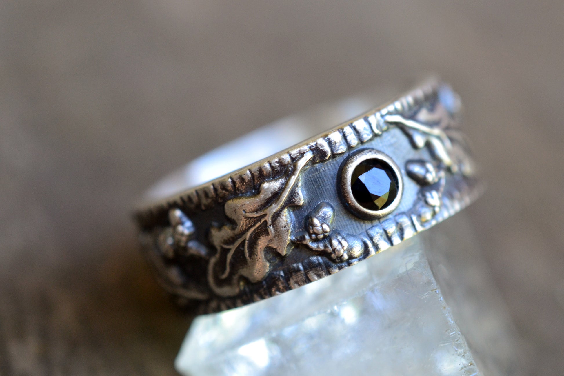 Black Spinel Ring With Oxidised Oak Leaf Design