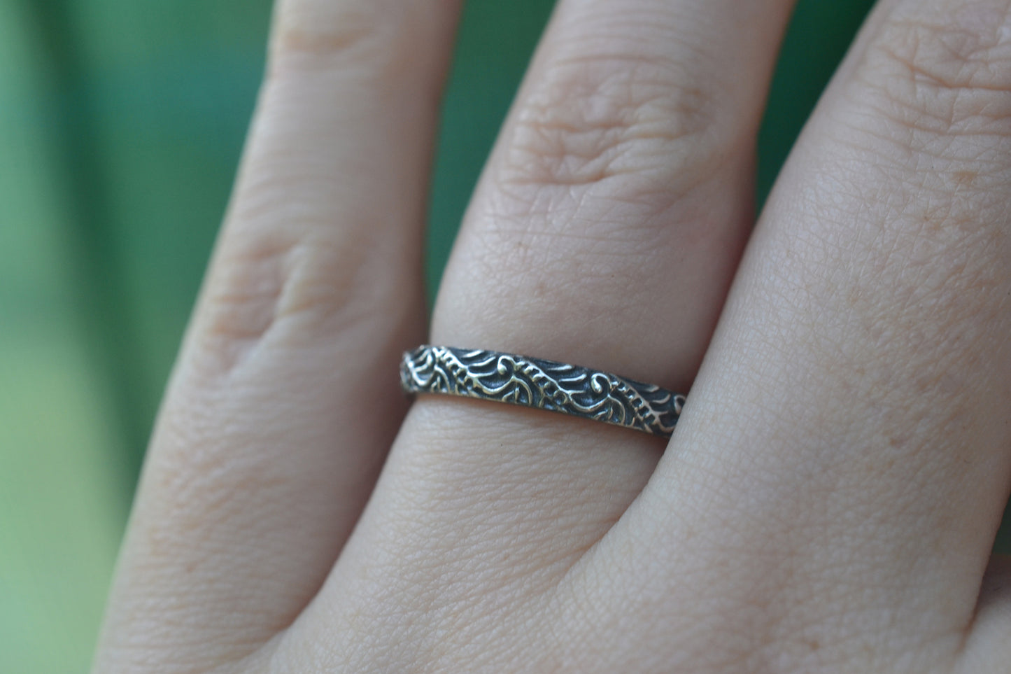 Womens Dainty Silver Baroque Wedding Band