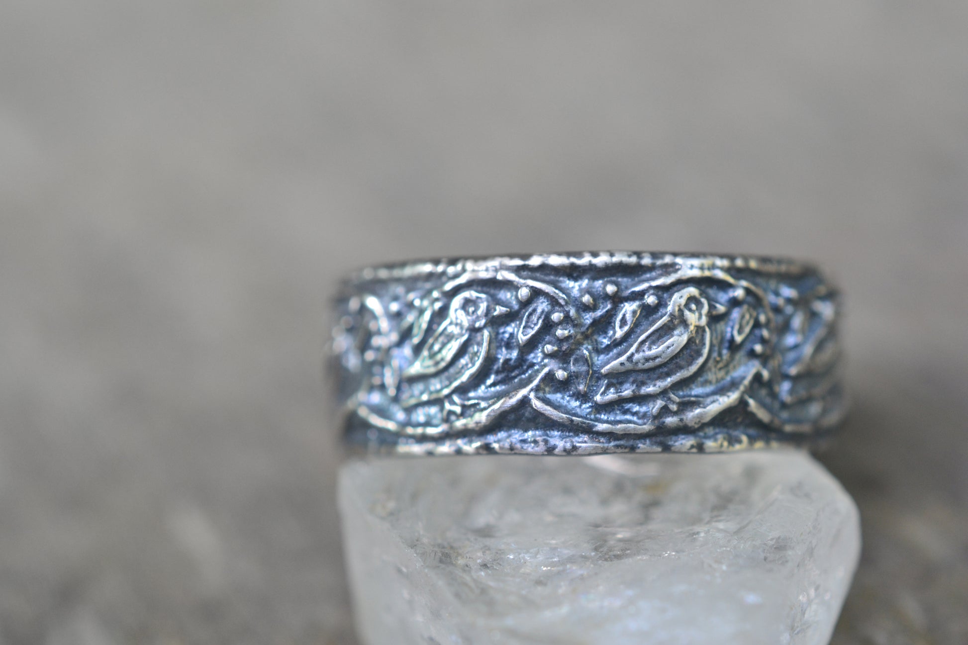 Wide Band Ring With Magpie & Gum Leaves
