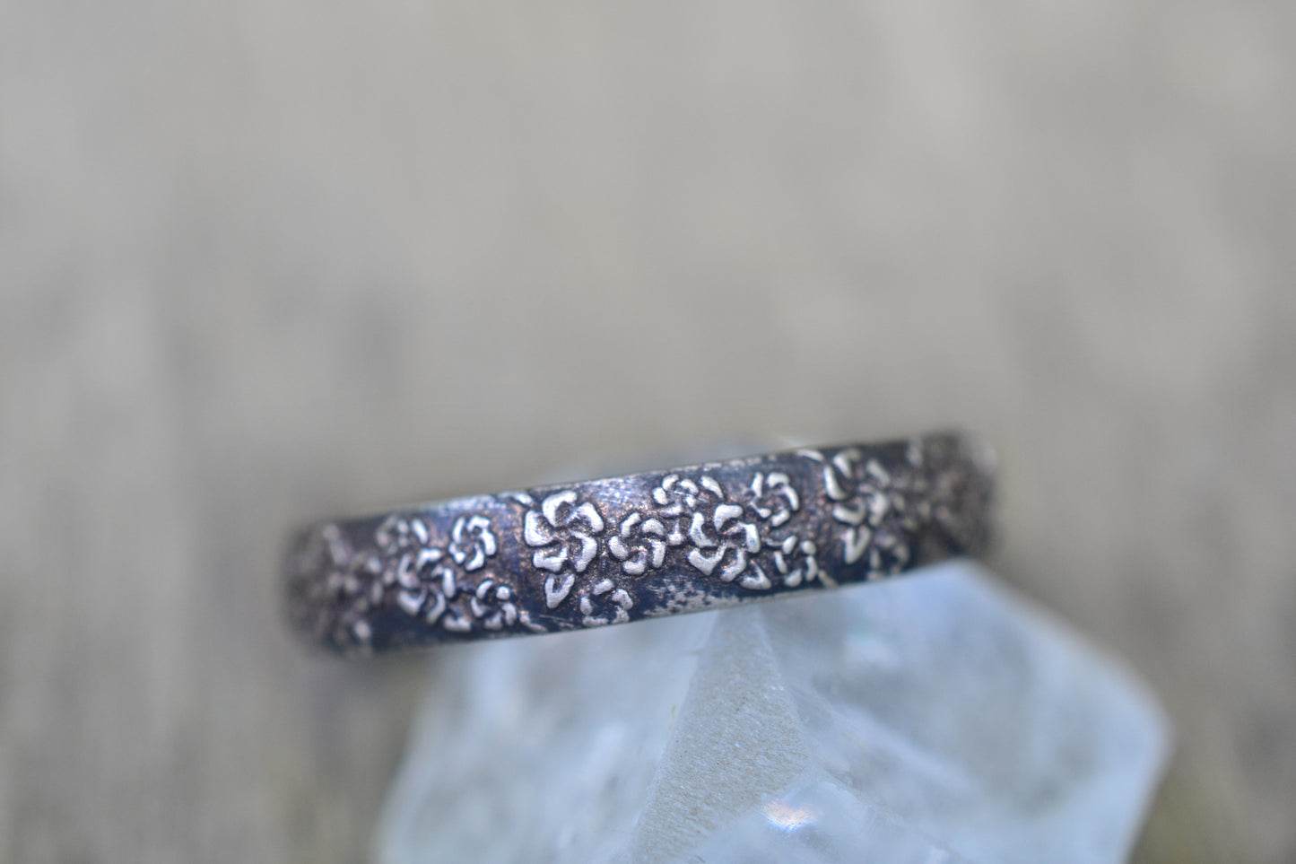 Oxidised Silver Cherry Blossom Wedding Band