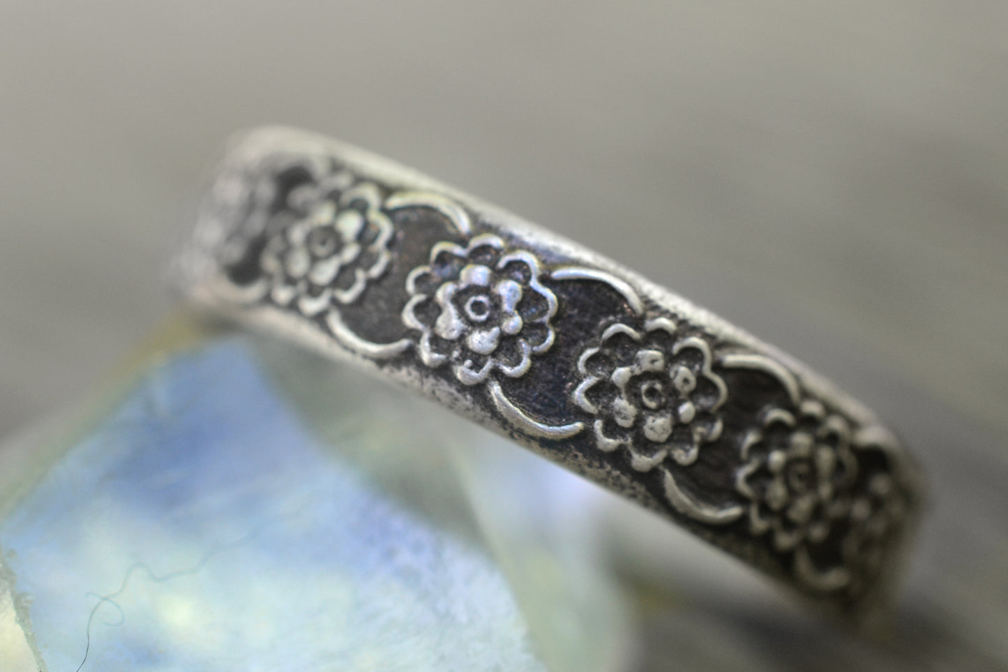 Oxidised Silver Wildflower Wedding Band 