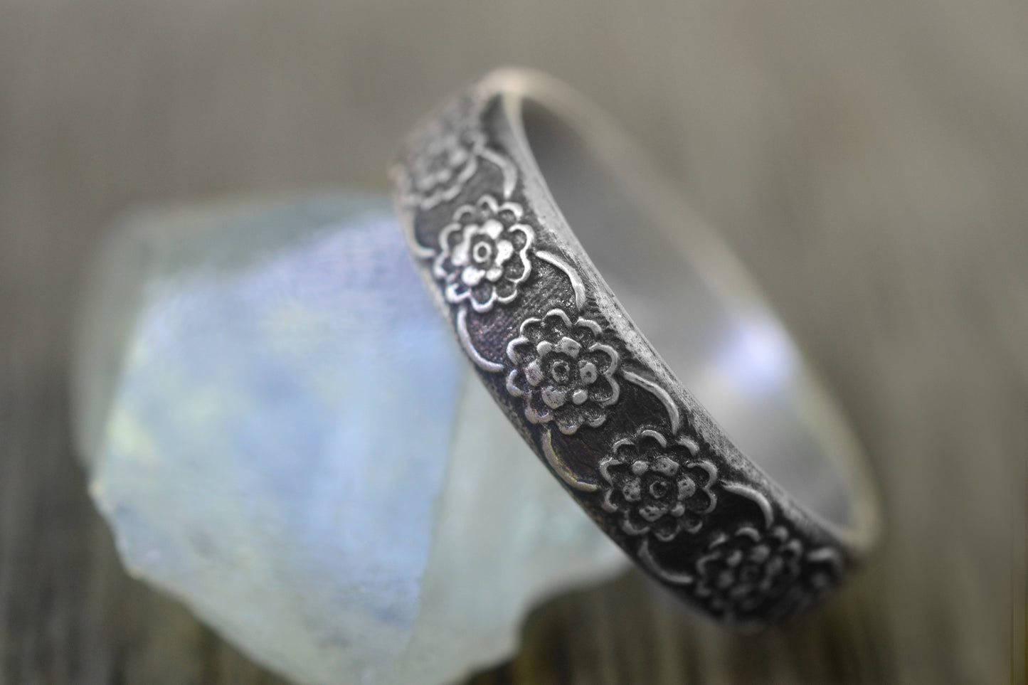 Mens Oxidised Silver Wildflower Wedding Ring