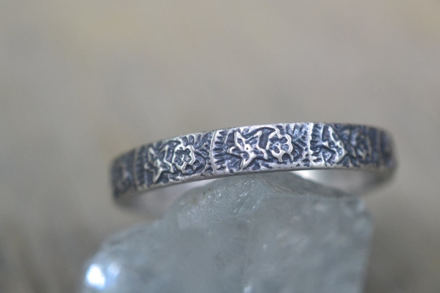 Oxidised Silver Flower Pattern Ring
