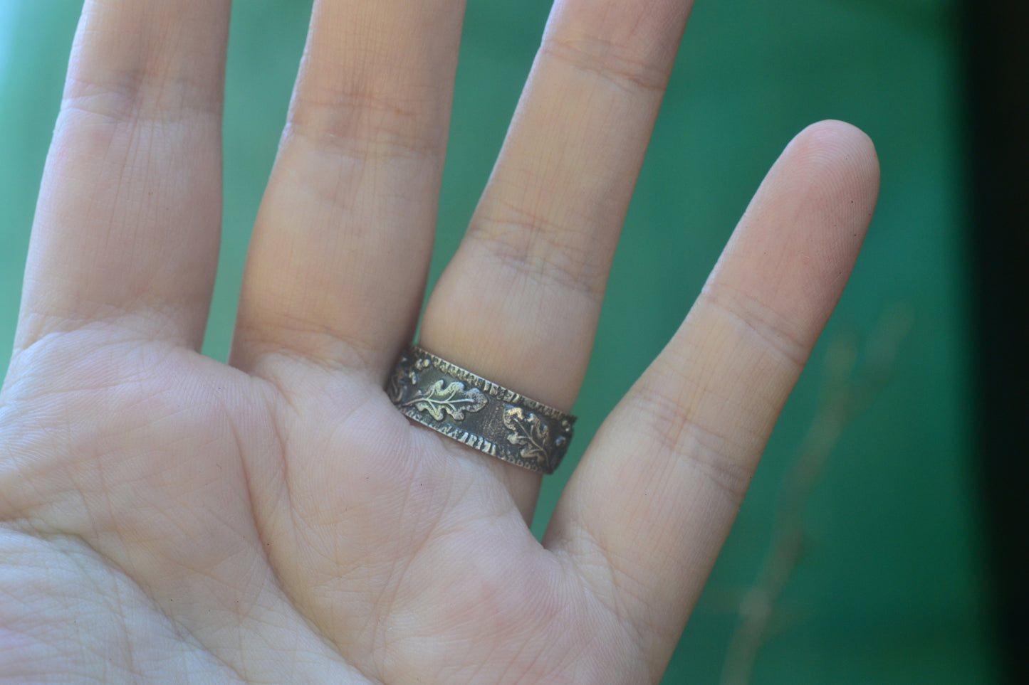 Mens Oak and Acorn Wedding Band in Silver