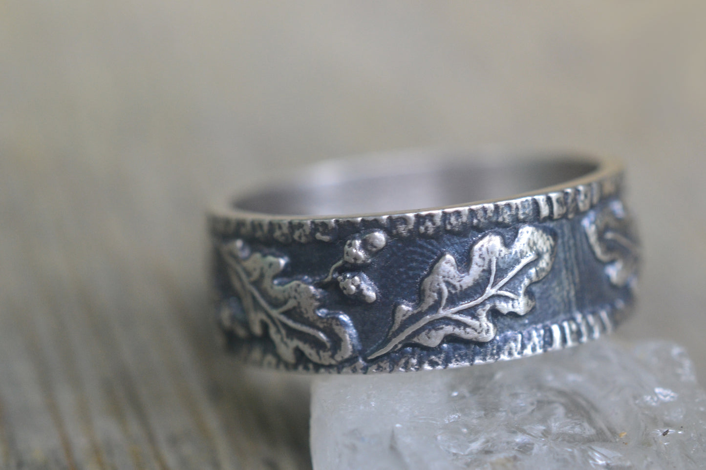 Oxidised Silver Druid Acorn Oak Wedding Band