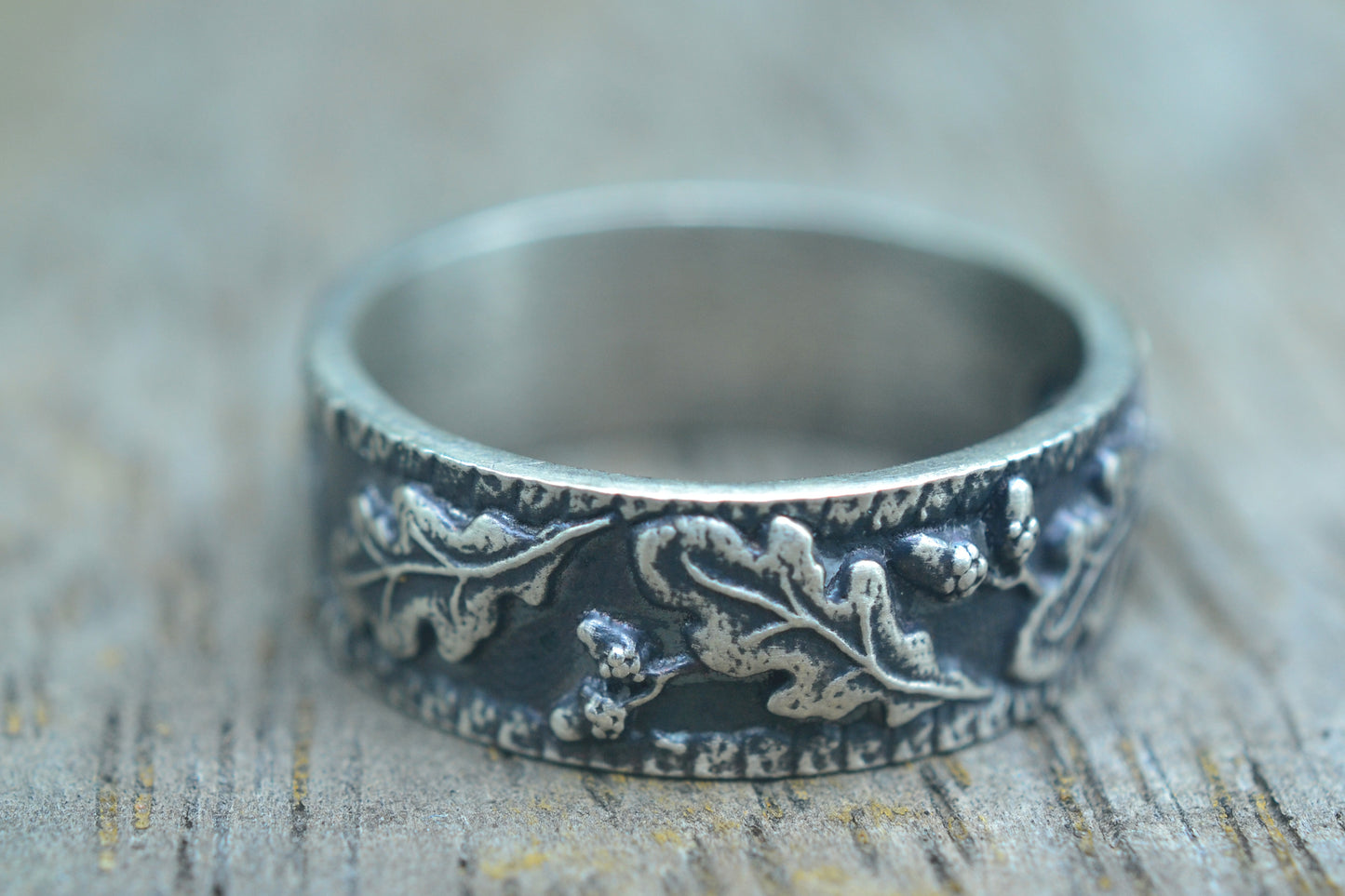 Oxidised Silver Oak Leaf Acorn Wedding Band