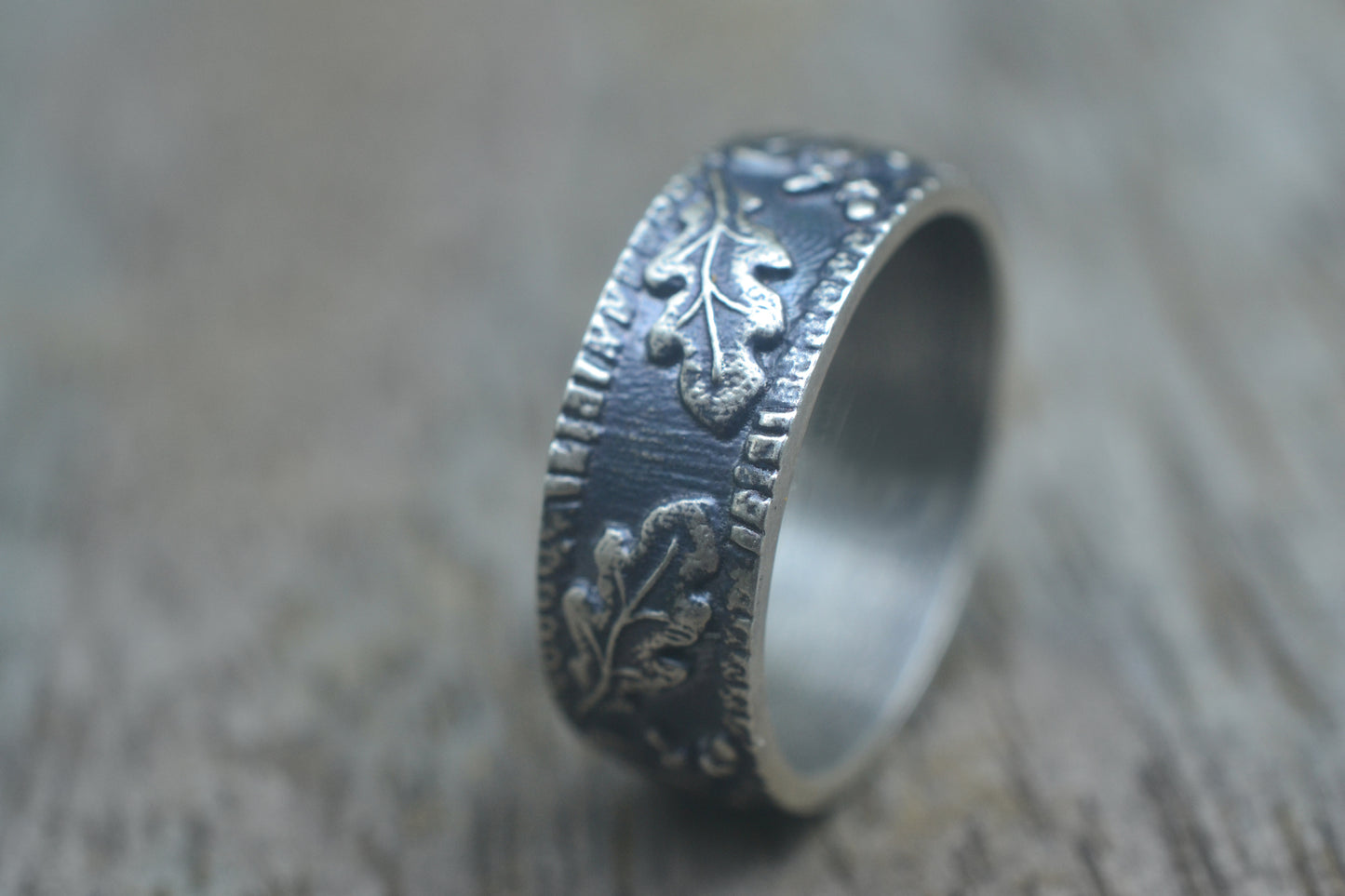 Oxidised Silver Acorn & Oak Leaf Wedding Band