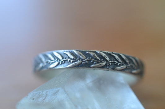 Oxidised Silver Eucalyptus Leaf Wedding Band