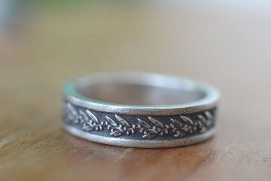 Oxidised Silver Eucalyptus Wedding Band for Men