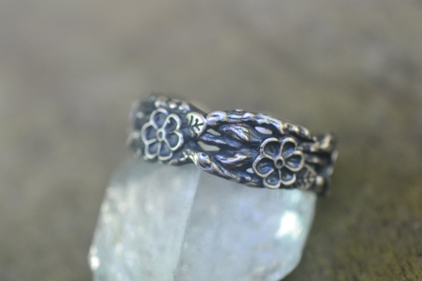 Carved Silver Flower Band for Men