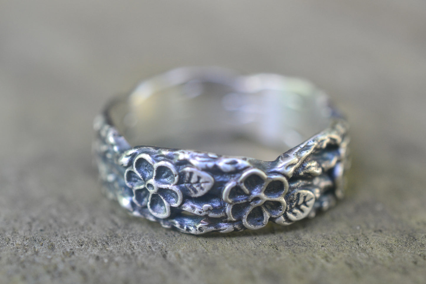 Carved Silver Rose Ring With Leaves