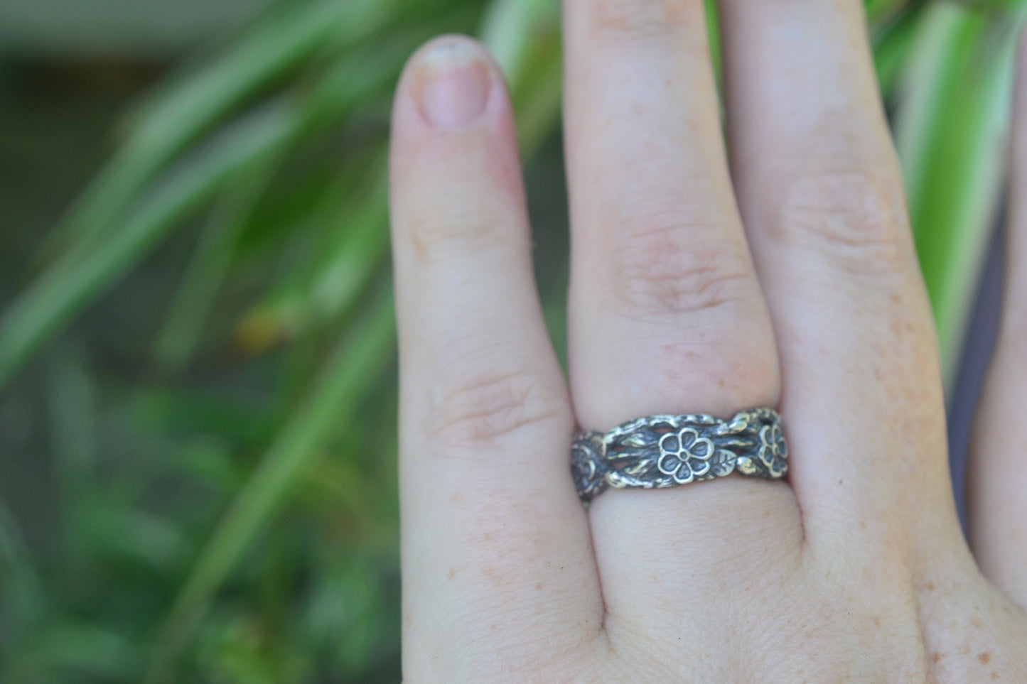 Antiqued Silver Branch Ring With Roses