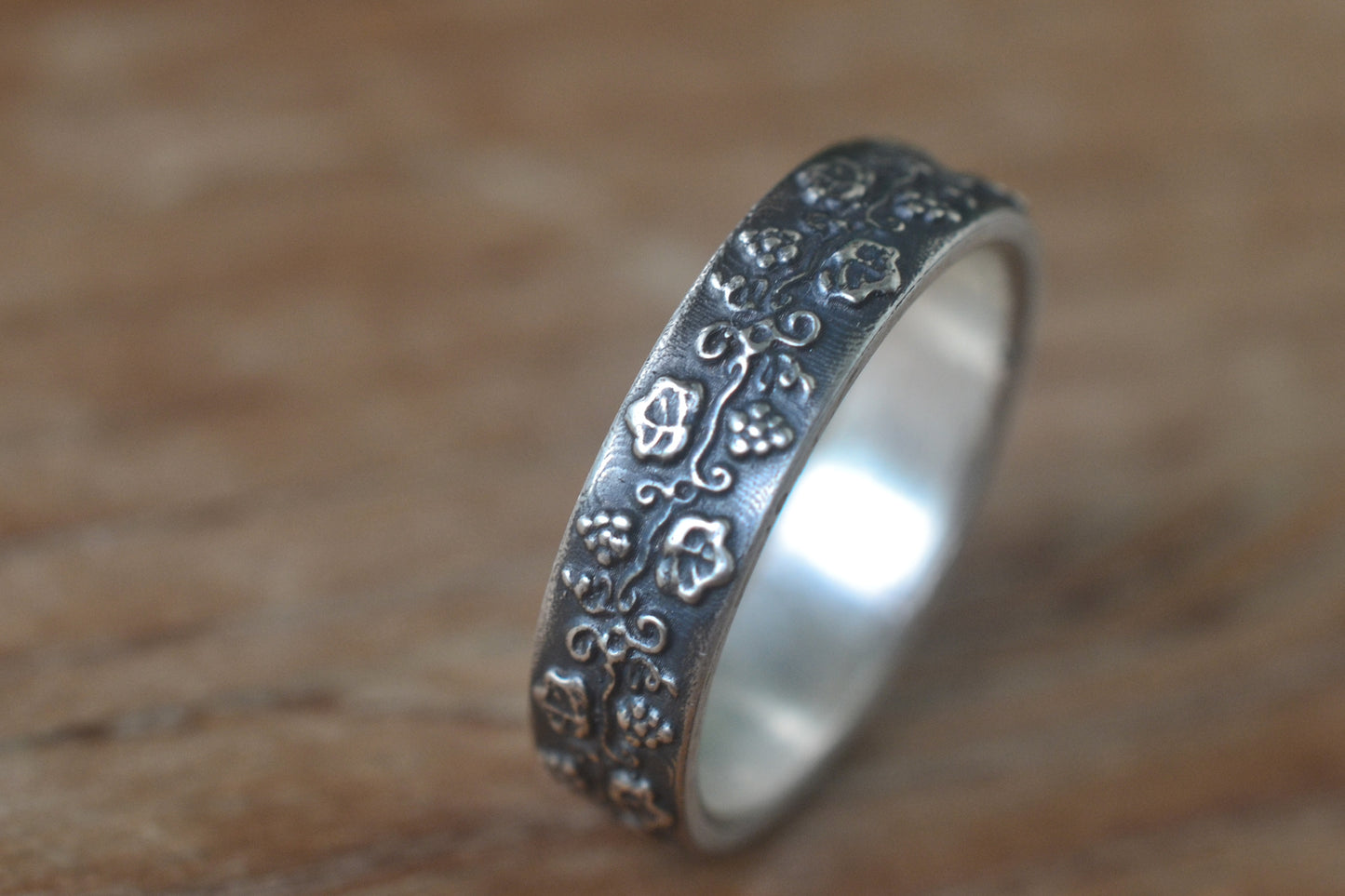 Oxidised Silver Grape Leaf Wedding Ring