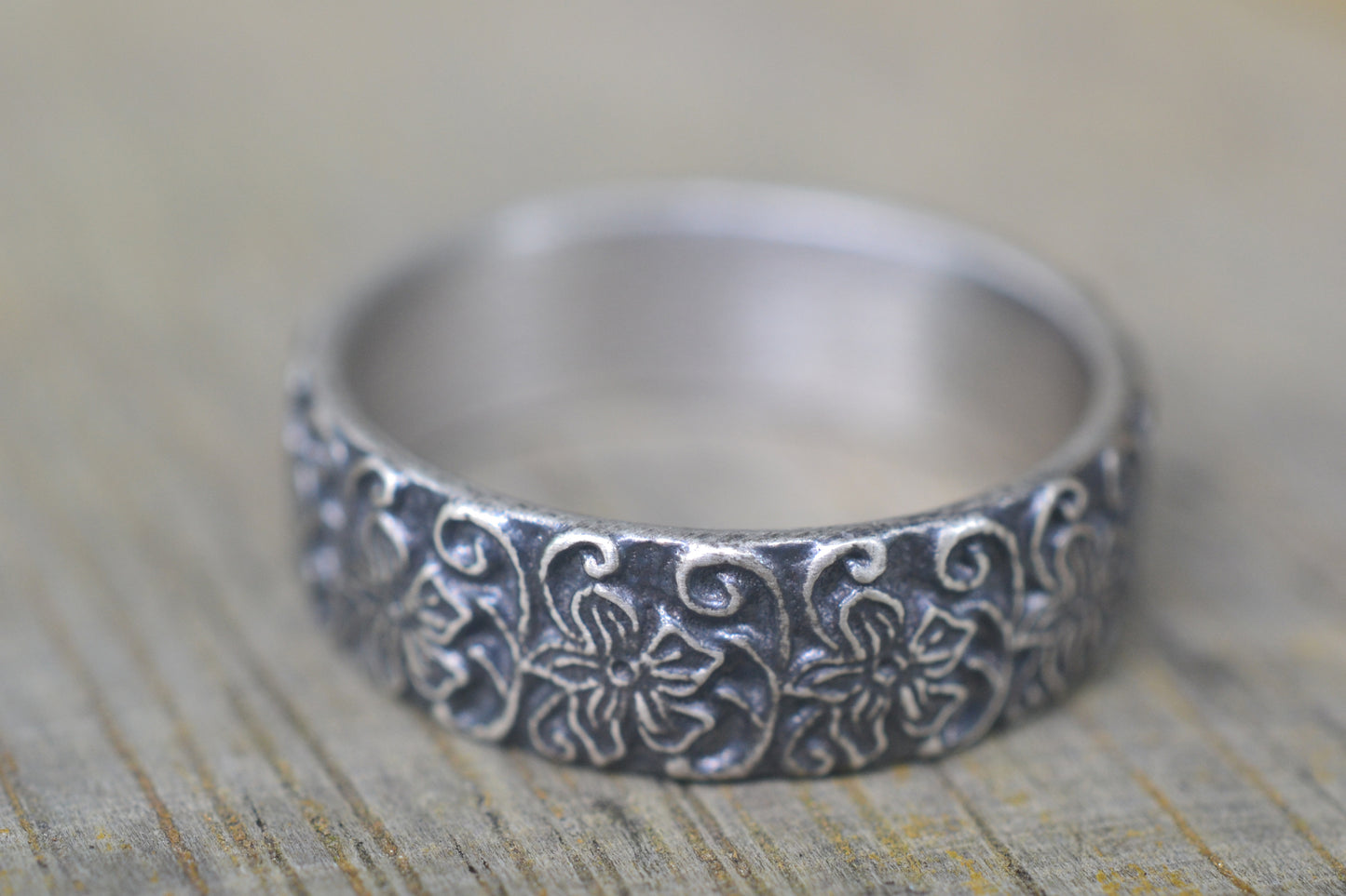 Mens Silver Hibiscus Flower Wedding Band