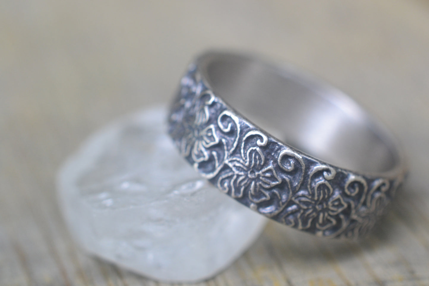 Oxidised Silver Hibiscus Wedding Band