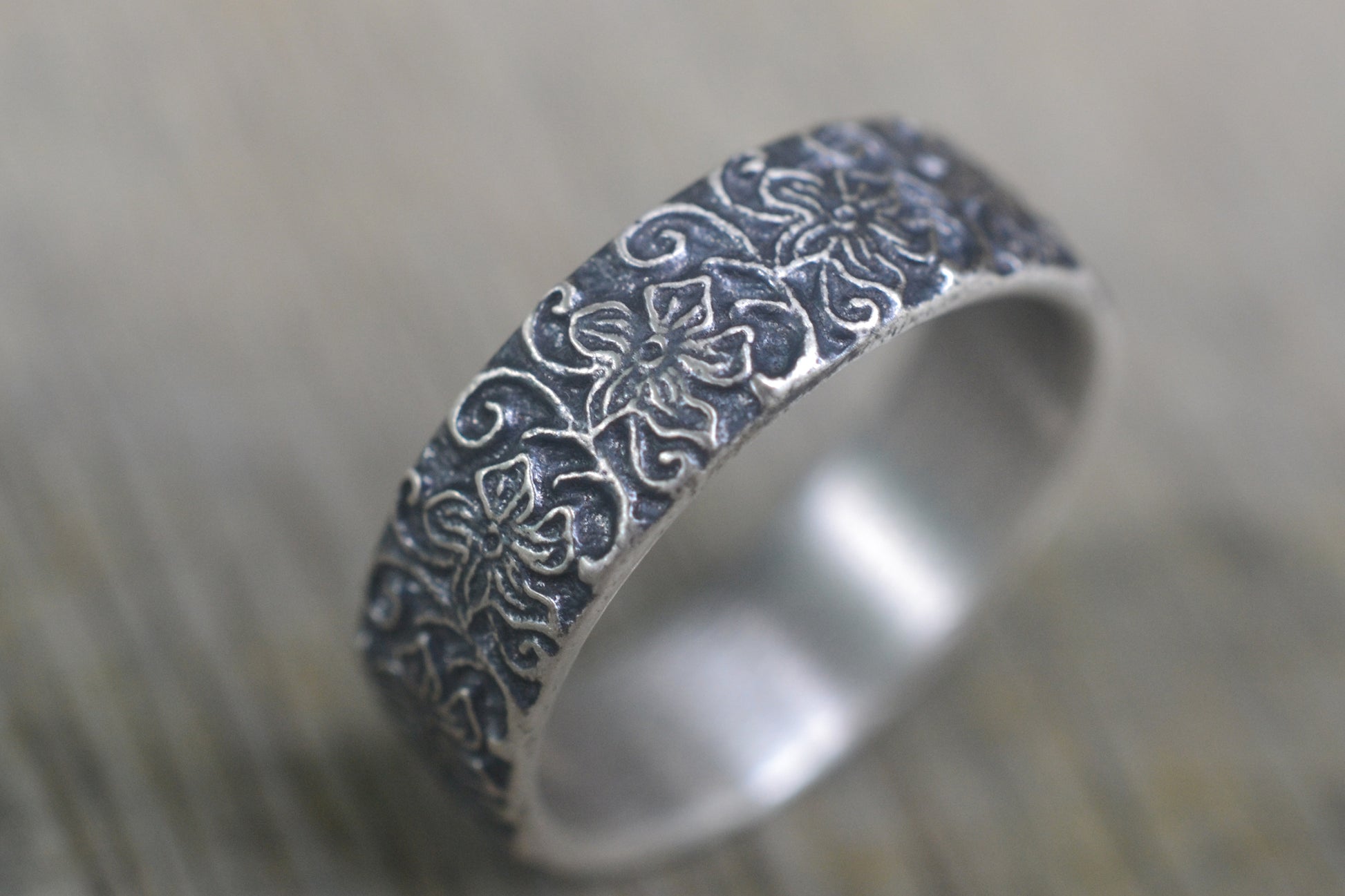Oxidised Silver Hibiscus Flower Wedding Ring