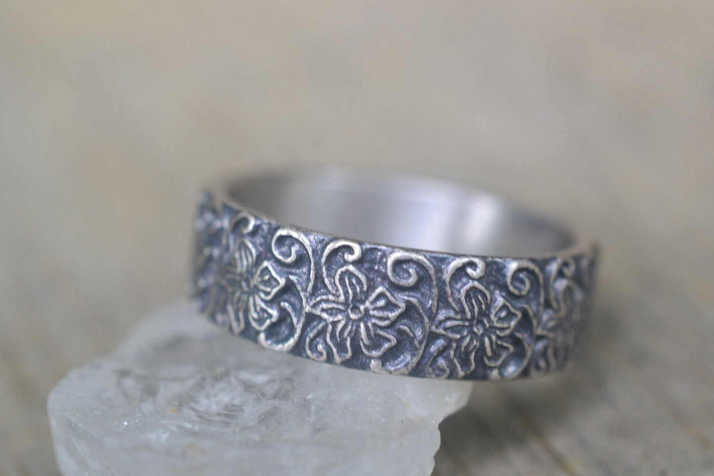 Wide Silver Flower Wedding Ring