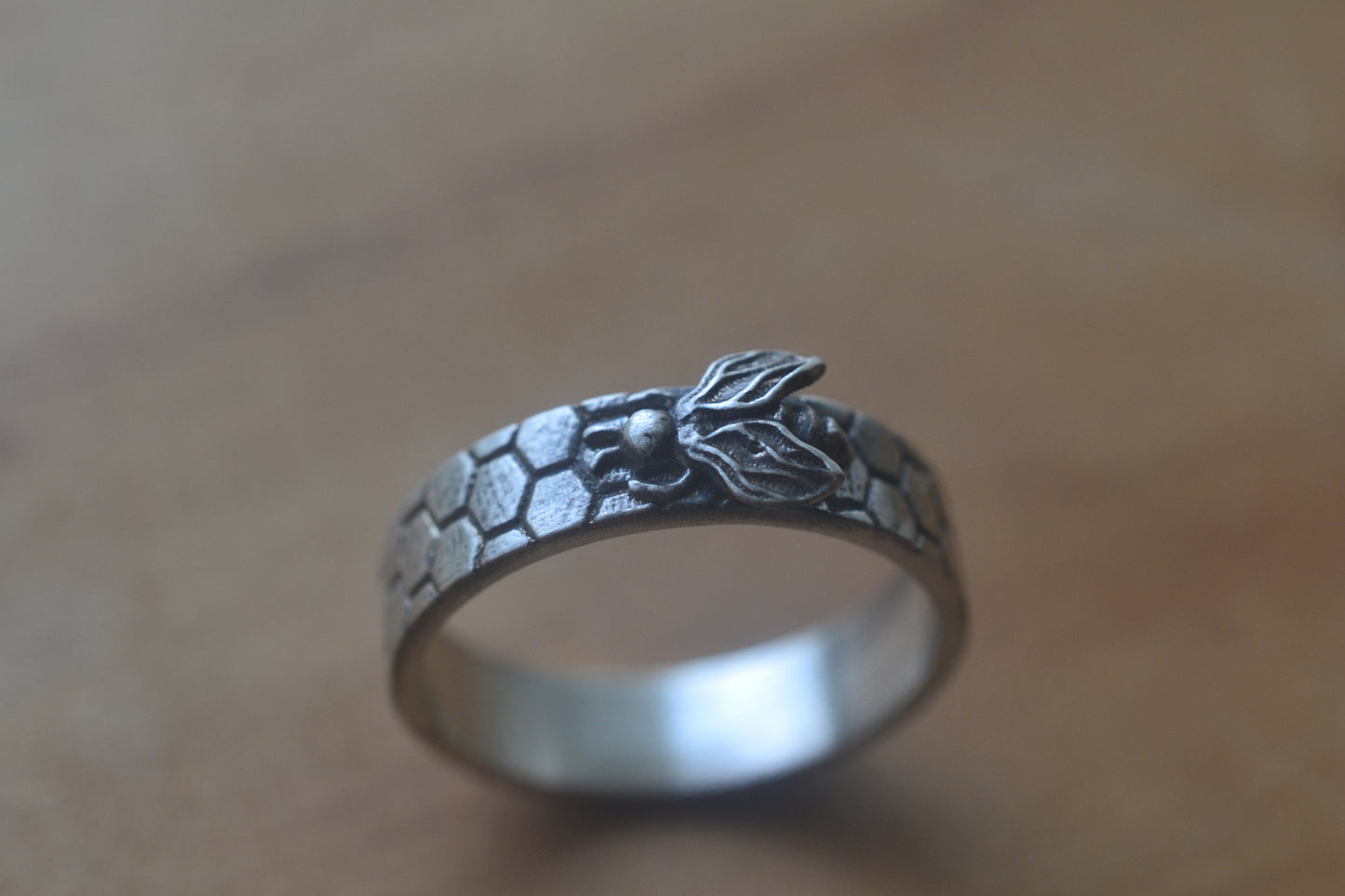 Oxidised Silver Honeycomb Bee Ring