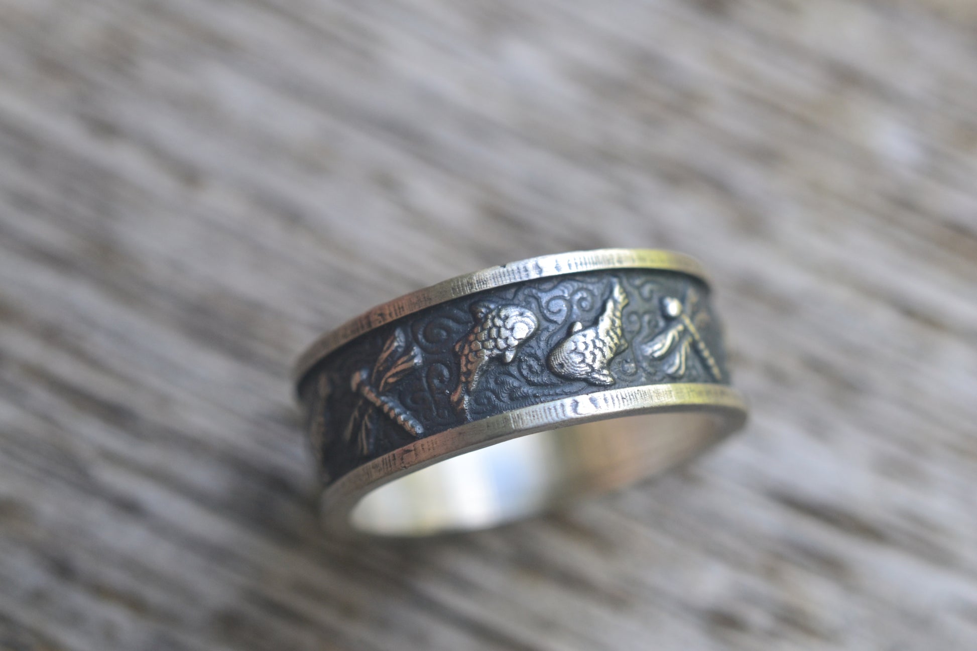 Oxidised Silver Koi & Dragonfly Wedding Ring