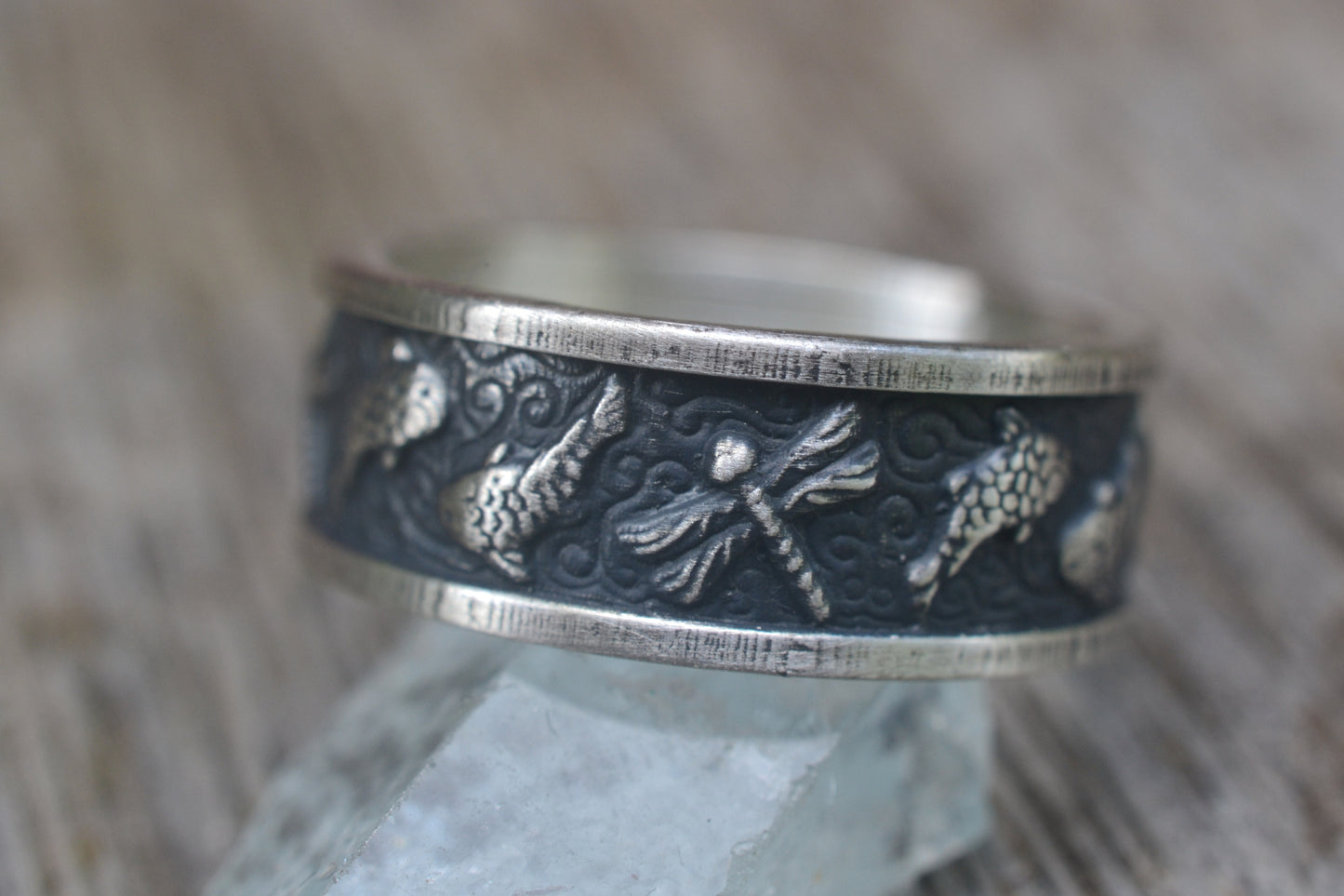 Oxidised Silver Koi & Dragonfly Wedding Band