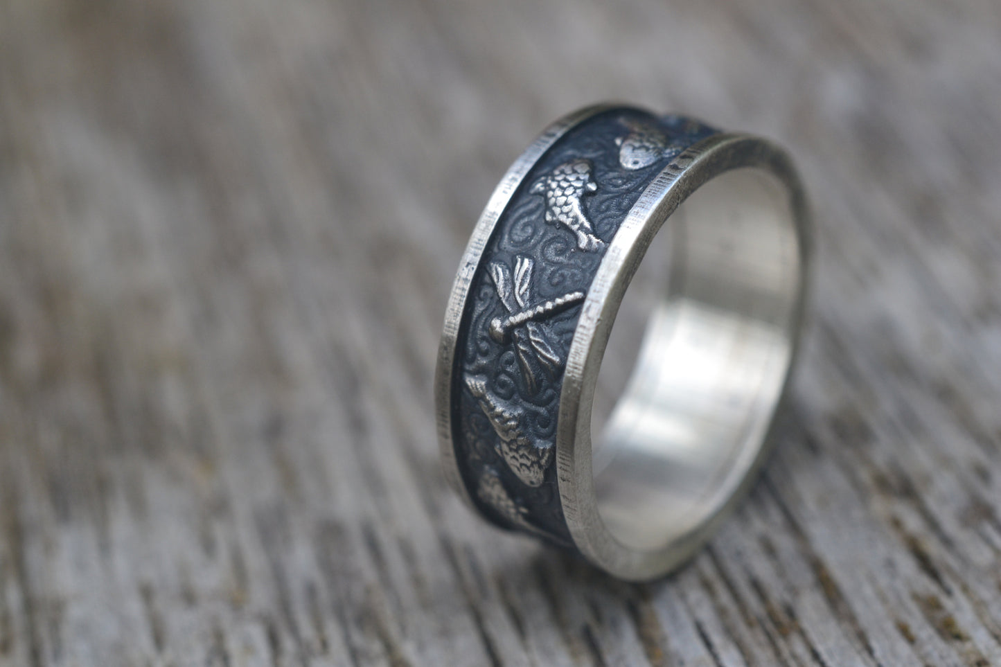 Oxidised Silver Dragonfly & Koi Wedding Ring