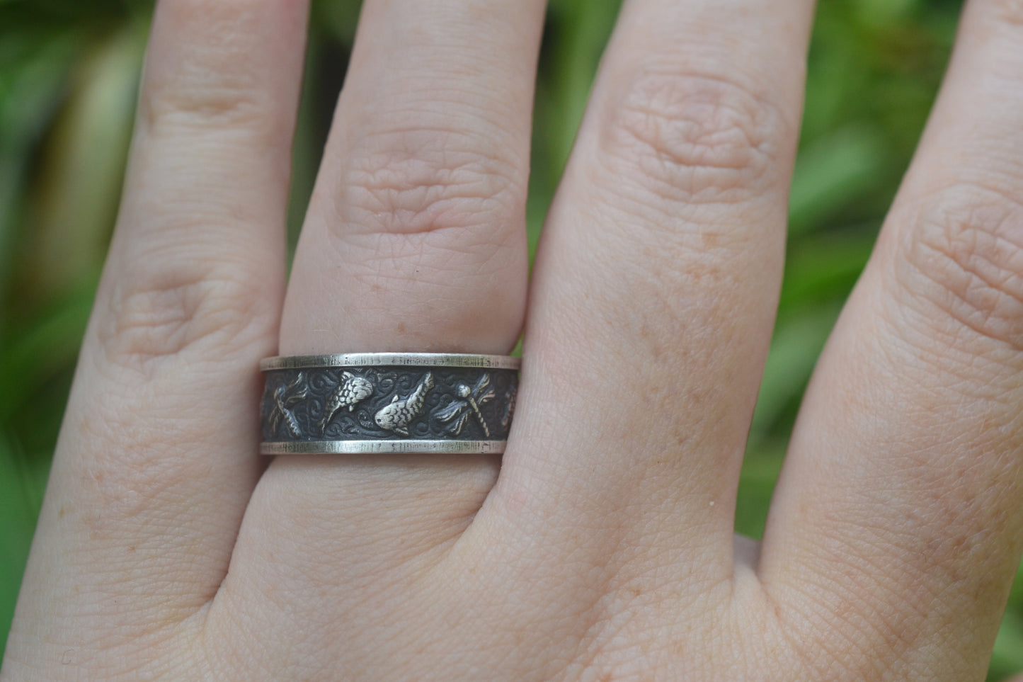 Wide Silver Dragonfly & Fish Wedding Band