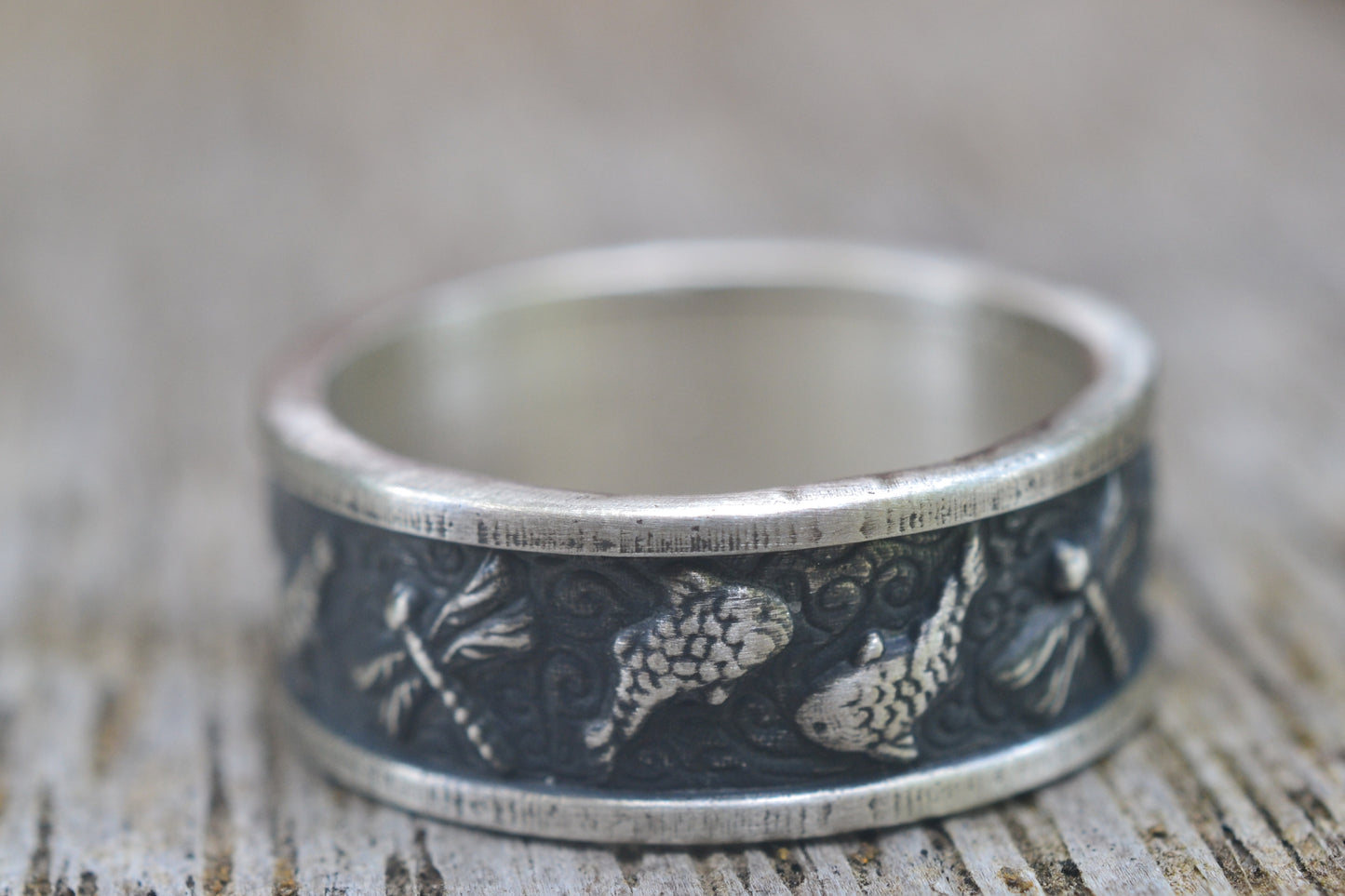 Oxidised Silver Damselfly & Koi Ring