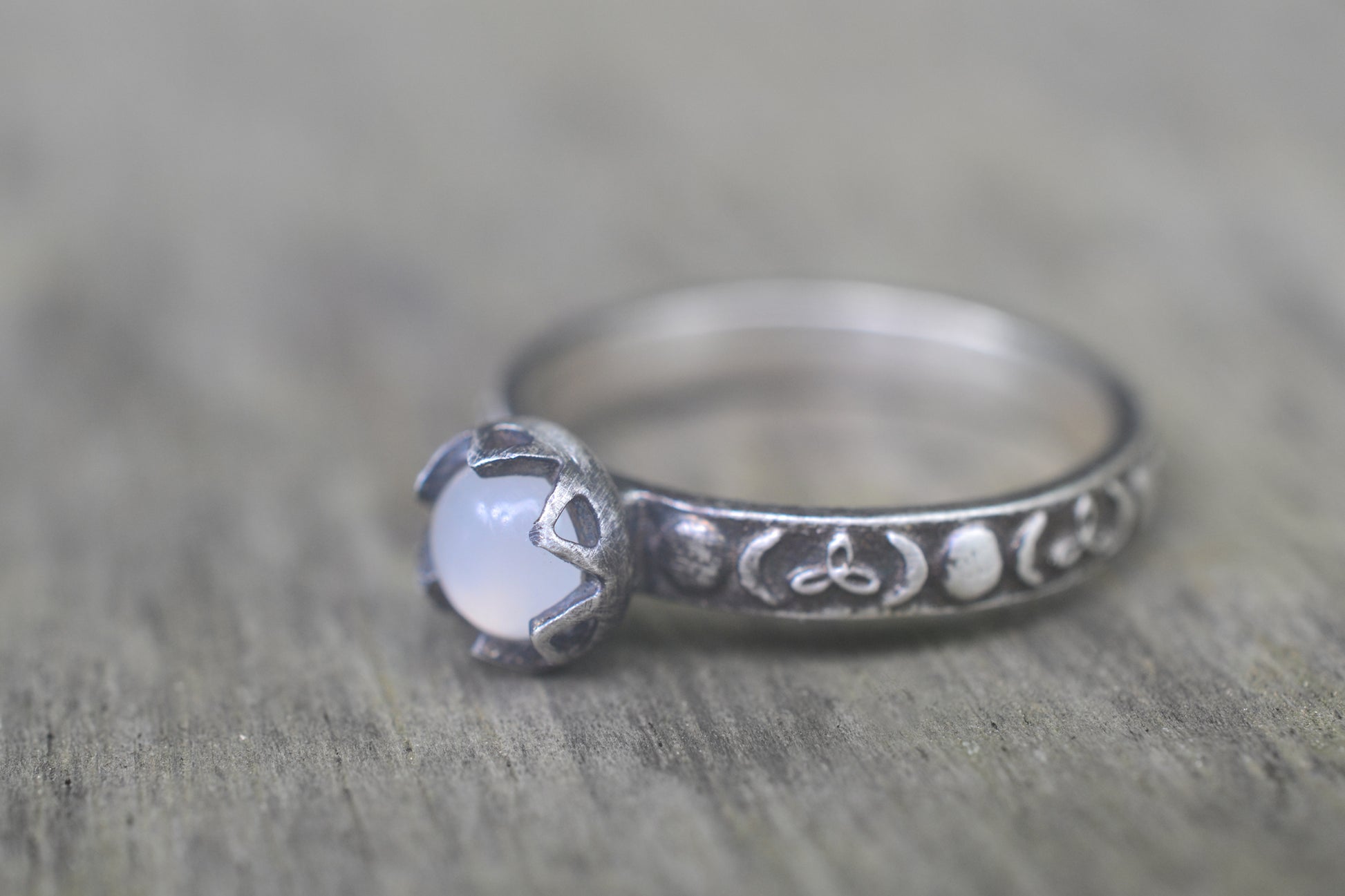 White Moonstone Triple Goddess Ring in Silver