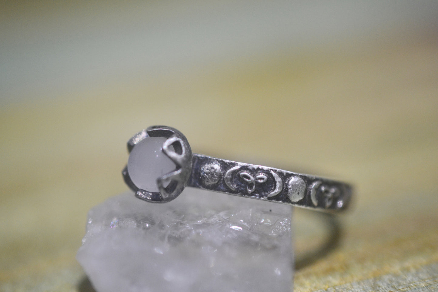 White Moonstone Triple Moon Silver Ring