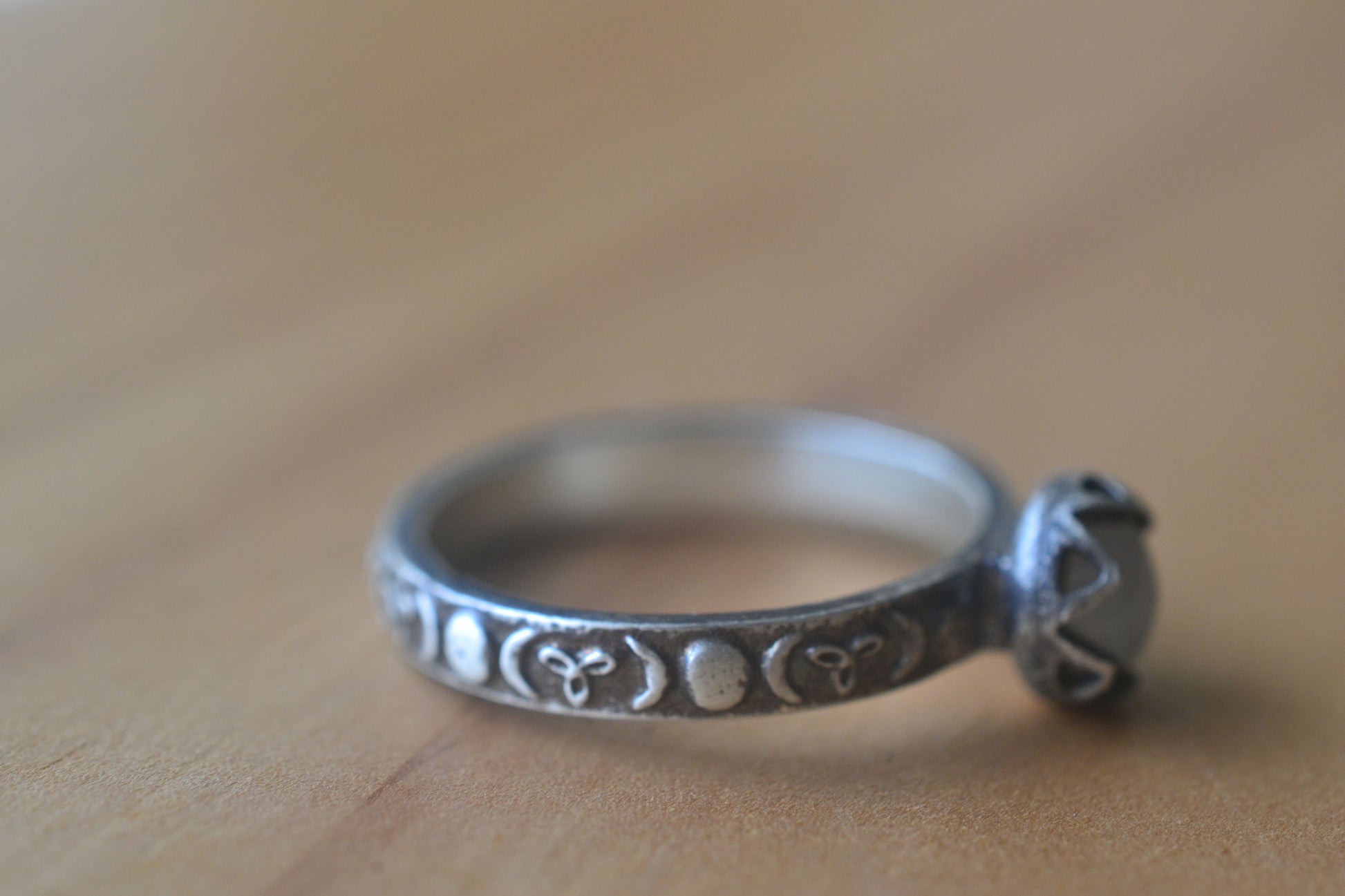 Oxidised Silver Moon Phase Ring With Gemstone